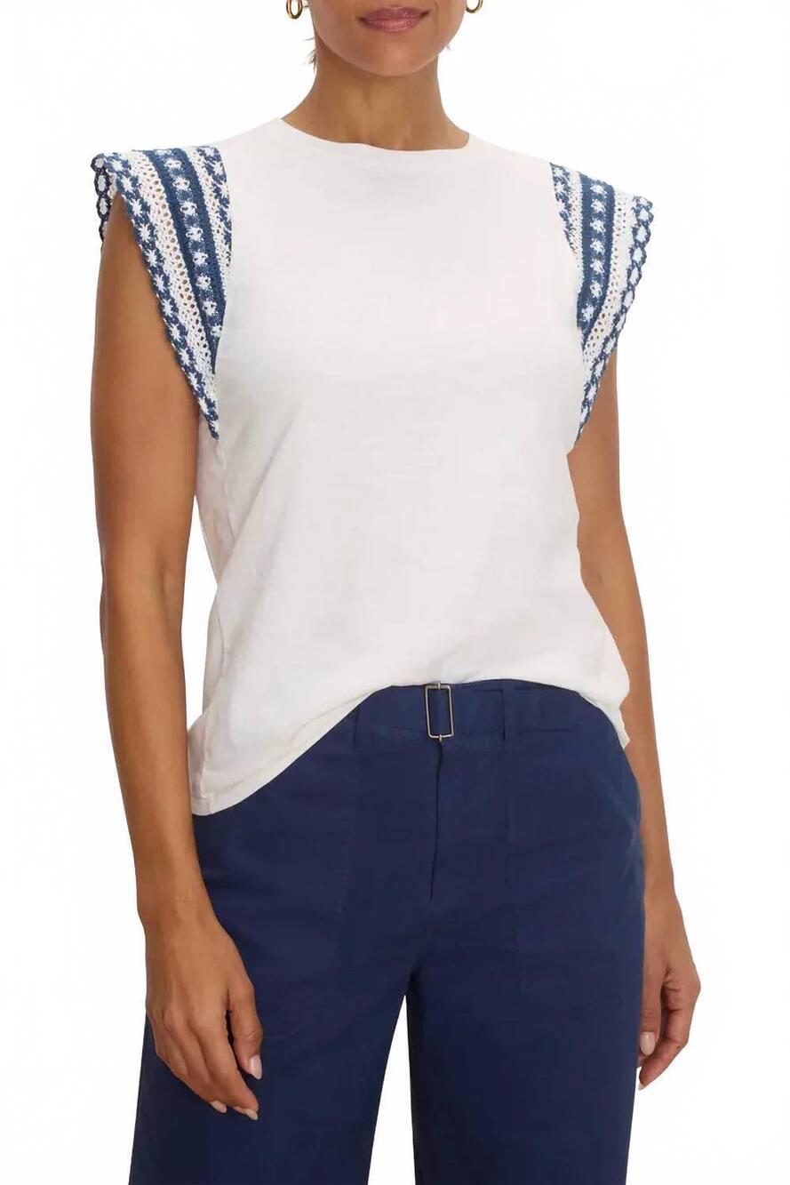NEW NIC + ZOE lacy scallop-trimmed sleeves top in white